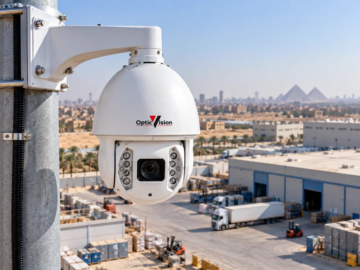 Outdoor surveillance camera mounted over a warehouse logistics site