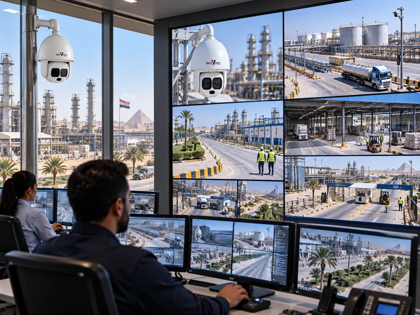 Security operations team reviewing video feeds at an industrial facility