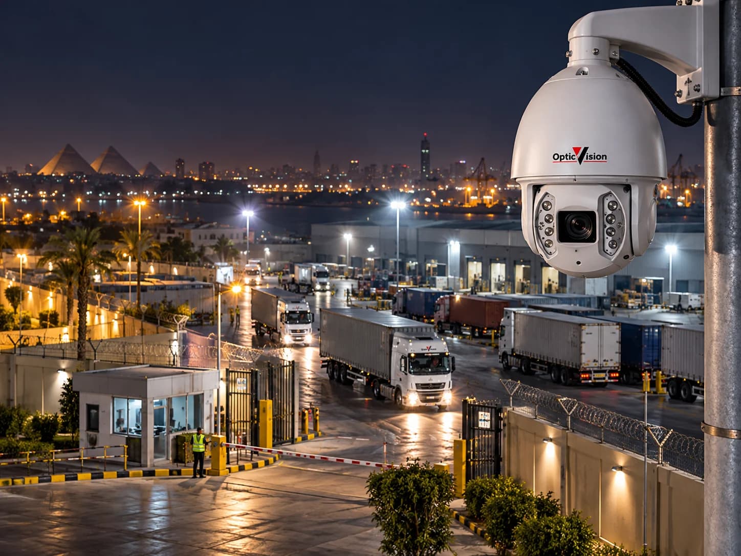 Illustrative night-time logistics entrance with trucks, gate barrier and surveillance equipment