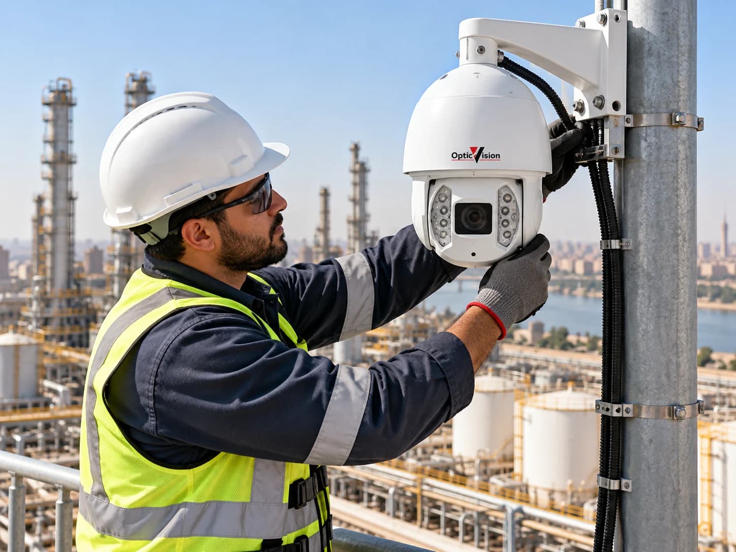 Technician securing an external surveillance camera to industrial site pole