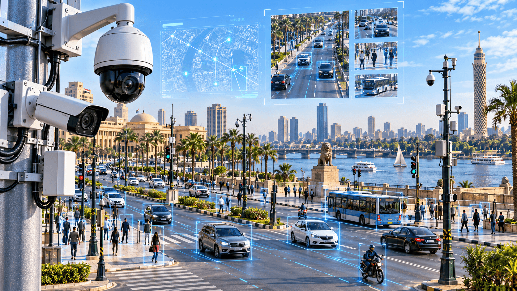 Urban CCTV surveillance on a Cairo boulevard