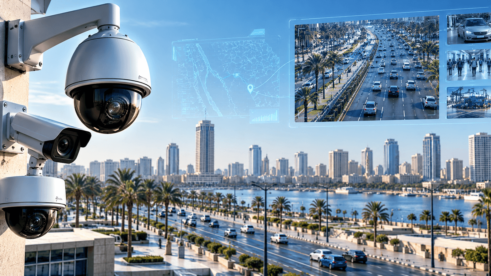 Modern smart-city CCTV surveillance overlooking Cairo